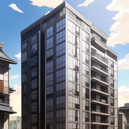 The facade of an 8-story apartment with glass and stone materials in anime style