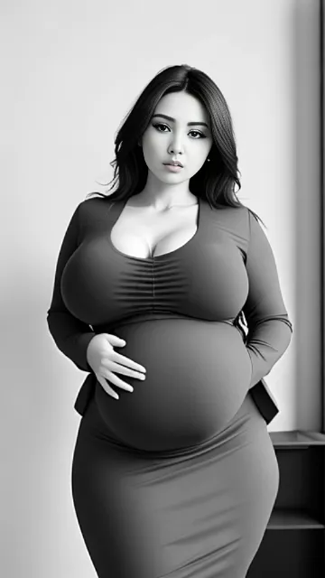 Very wide hips, very big and fat butt, voluptuous, big full covered breast, curvy, modest, fully clothed, long dress, tight fitting clothes, skinny face, sfw, latina, slim body. behind profil, holding belly, plump belly in bw photo style