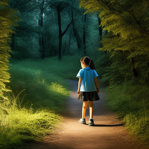 A 9-year-old girl is walking along a forest path. it's evening. she has a basket in her hand. view from behind. in custom style