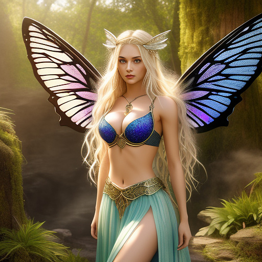 Fairy, blond, long hair, green eyes, slim, big butterfly wings, chain mail shirt, fantasy, c cup, long skirt in angelcore style