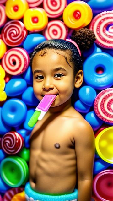 13-year-old, caucasian, sucking popsicle in kids painted style