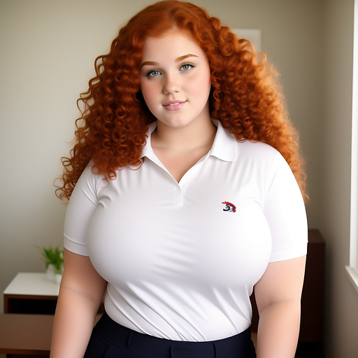 18 year old huge thick curvy bbw white girl ginger curly hair behind head  and in tipped polo shirt and huge boobs  in custom style