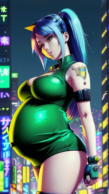 Pregnant judy, night-city, big boobs, green hair, cyberpunk 2077, anime style. in anime style