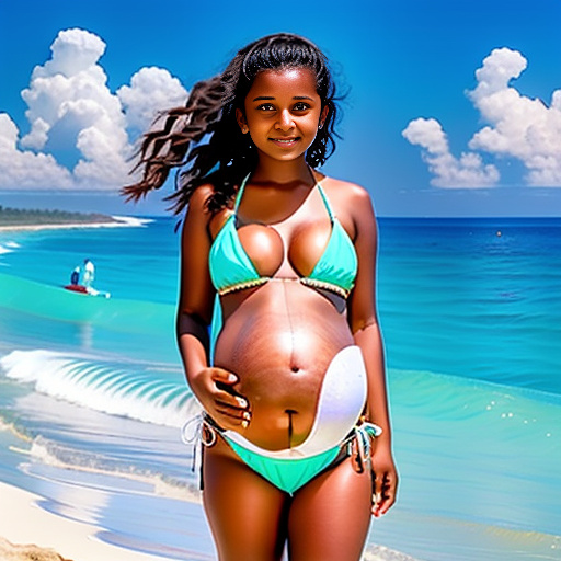 Pregnancy of 13-years-old girl pregnant of 40 weeks at the beach wearing bikini and a big sweaty belly with *white skin* and juicy boobs  in custom style