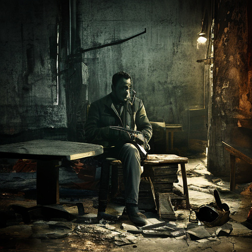 In a dark room, there is a telephone and a gun on the table. a man is sitting on a chair, and he is dead. in custom style