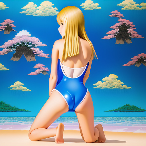 11 year old girl
one piece swimsuit
big boobs
big vagina
kneeling  in anime style