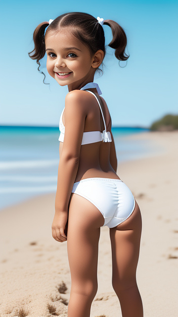 Realistic, highly detailed, 4-year-old , smile , wearing a white bikini  , bends over, rear view, sticking out bottom, pigtails ,thigh gap, looking back, look into the eyes, wide crotch, looking at viewer, morena baccarin, anorexic legs in custom style