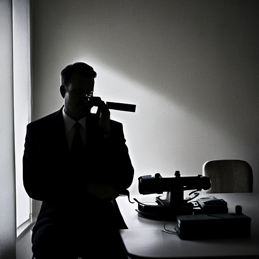 In a dark room, there is a telephone and a gun on the table. a man is sitting on a chair, and he is dead. in custom style