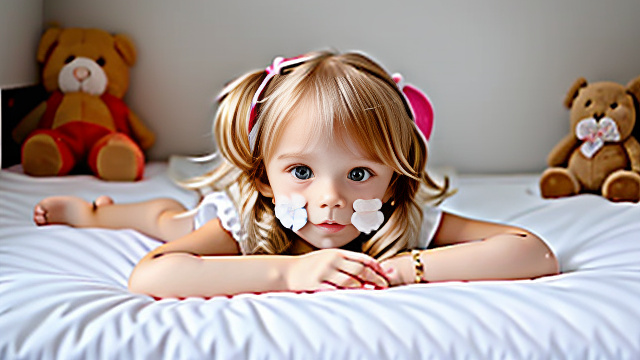 White, blonde, very cute, flat chest, girl 6 years old, laying face down on bed, show full body, in custom style