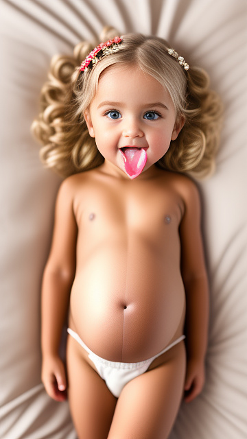 Realistic, detailed, 4-year-old blonde girl, pregnant, tan wedding outfit, showing belly, laying in bed, top down full body view, red blush, tan skin, mouth open, milk in mouth  in custom style