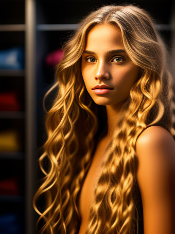 Beautiful nude 12 years old teenage girl with long blonde hair in the locker room at sunset in realistic style