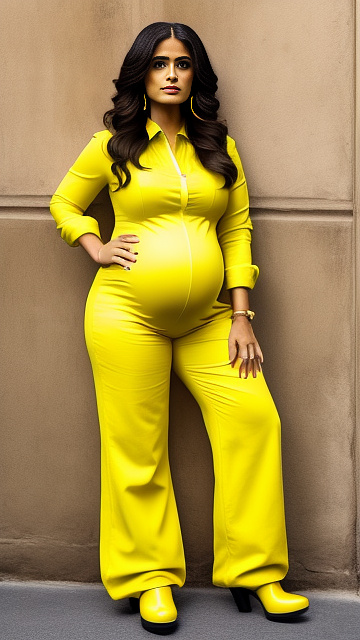 Pregnant, 7-years-old, salma hayek, yellow jumpsuit, yellow boots  in custom style