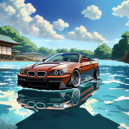 A bmw in the water in anime style