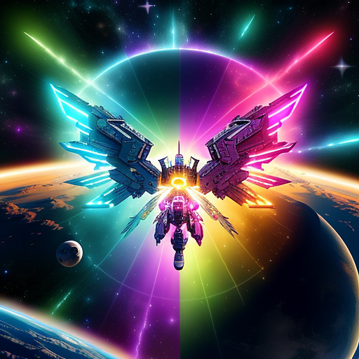 A cheerful transformer flies through space against the backdrop of planets. in angelcore style