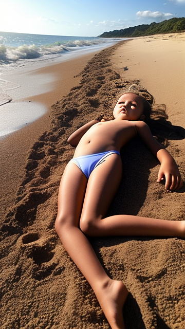 A naked 9-year-old girl lies on her back on the beach with her legs spread. in custom style