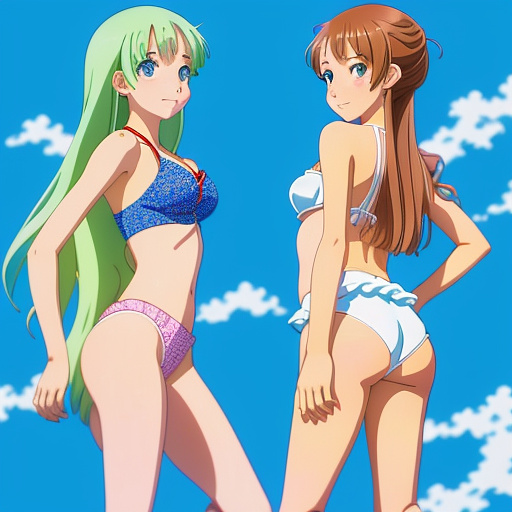 2 tween girls in bikinis with the their legs spread at camara in anime style