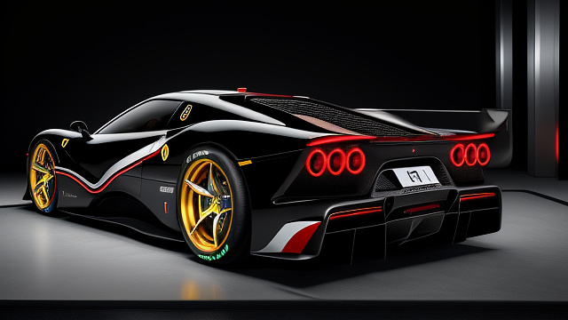 Showcases side view of a stunning redesigned 250 ferrari testa rossa, inspired by the classic 1957 model but reimagined with a futuristic and sleek aesthetic. the car is finished in a vibrant rossa corsa, complemented by traditional white racing stripes running from the front hood to the rear, adding a classic racing heritage touch.

the front of the car features a sharp, aggressive design with slim, high-tech led headlights and a continuous blue led light strip above the large black grille. the iconic chrome prancing horse emblem is prominently displayed on the grille, polished and detailed to stand out.

the body is aerodynamic with smooth, flowing curves and sculpted side air intakes. the wheels are large, sporty, and modern with intricate black and silver rims bearing the ferrari logo at the center. the car is an open cockpit, maintaining a streamlined look.
 in cyberpunk style