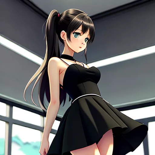 Cute brunette girl, 18 year old, wearing black dress wit panties, standing, beautiful, full body photo from ground level upskirt, lifting up skirt a little, high quality, realistic in anime style