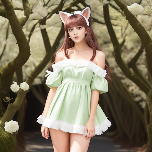 1girl,animal ear fluff, cat ears, bangs, bare shoulders, blush, bow, brown hair, dress, eyebrows visible through hair, floral print, green bow, light green left eye, emerald green right eye,green ribbon, hair between eyes, hair bow, leaf, long hair, long sleeves, off shoulder, parted lips, petals, sleeves past wrists, solo, fox tail，black silk on left leg，bare right leg in anime style