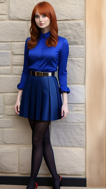 Karen gillan dress in a royal blue blouse, with a matching skirt and red belt, wearing black tights and blue flats in custom style