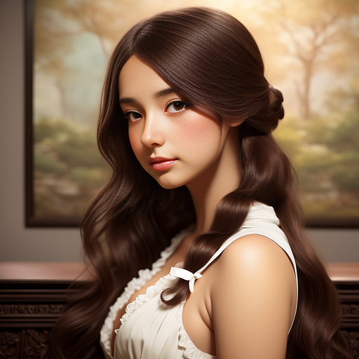 Aged 26, the english woman has a people pleasing personality and curvy body; dark brown colored, bright eyes; long wavy dark chestnut hair; button nose; round face, with blush cheeks, tanned skin; clothing is from 1860s in anime style