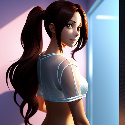 Drawn anime mommy standing in the bathroom only clothed in an see-through shirt. looking at the viewer with a seductive smile, showing off her body. she has a slim petite body and has dark hair. semirealistic anime style in anime style