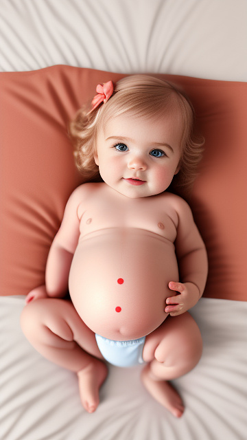 Realistic, detailed, 1-year-old blonde girl, in red peach dress, pregnant, laying in bed, top down full body view, red blush, right hand on belly   in custom style