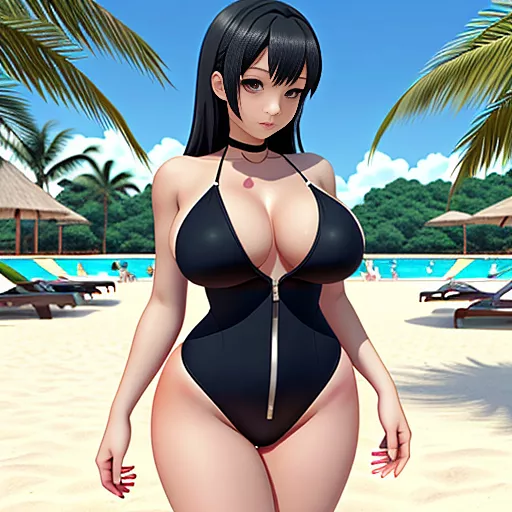 Curvy woman in black bathing suit carrying a child (boy), from side, full body, in anime style