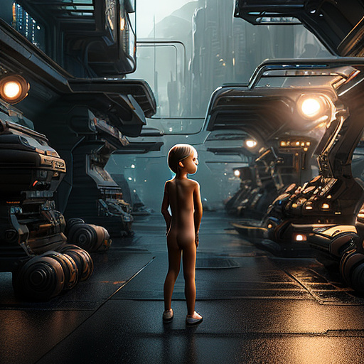 Realistic, little girl,completely naked in sci-fi style