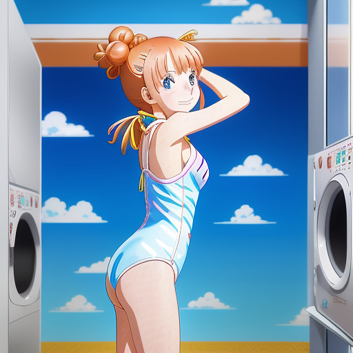 Girl happily watching her mother’s one piece swimsuit shrink to her size in the dryer it in anime style