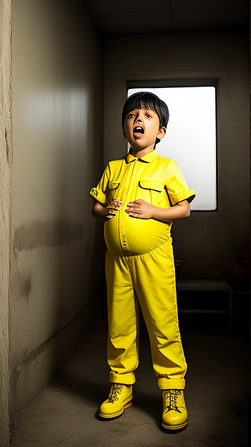 Realistic, pregnant, 7-years-old-boy, yellow jumpsuit, yellow boots, screaming in pain, birthing, standing, alone in custom style