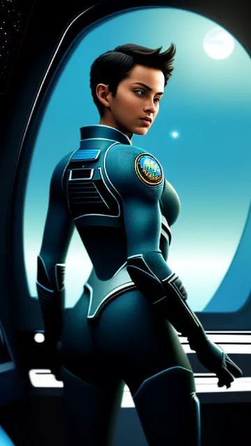 Young, incredibly attractive space force pilot with short hair posing for a photograph as seen from behind while looking at the moon through a window from the cockpit of a spaceship.
 in angelcore style