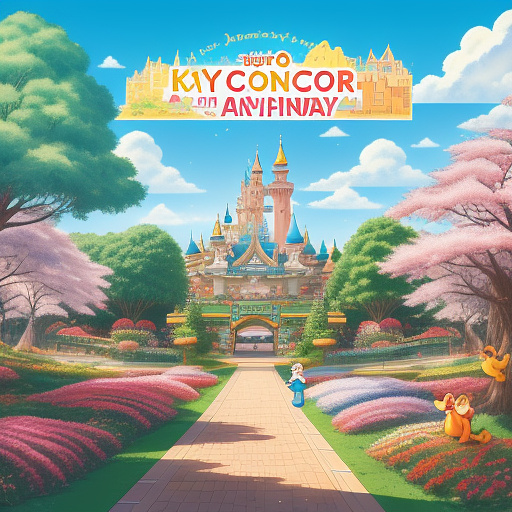 Playful rendition of disney's winnie-the-pooh atop a colorful illustration of a friendly dinosaur while holding a sign in his hand on which reads the letters "welcome to the annas tour 2024". in background stands the disney's castle of disneyland paris. the sky ist blue and the sun shines bright. in the sky, at the top of the picture stands "happy birthday anna!" in anime style