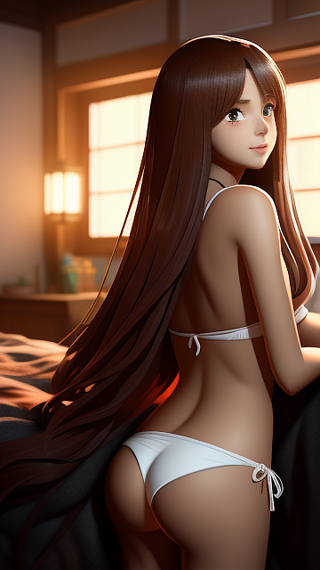 A romantic moment between a childhood couple in a cozy bedroom. the grade-5 sexy hot girl, wearing her thin string bikini, shares a gentle kiss with the grade-5 boy. in anime style