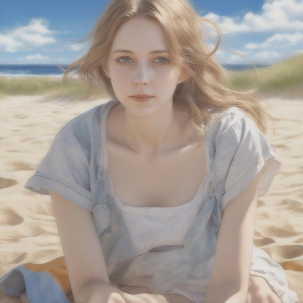 Masterpiece, photo realistic, realistic image, real woman  german of 24 year old, with buildbody on a beach sand, under a sunny day and blue sky, non-painting oil, non-anime, non-cartoon  in anime style