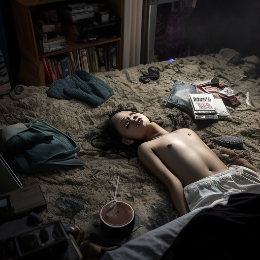 The room is dark, smoky and a mess, the bed is broken. there is an ashtray with an outstanding cigarette on the table. a 13-year-old girl is lying on a bed and crying. in custom style