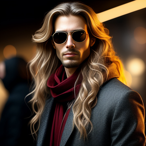 Male, tall, long blonde hair, wavy hair, round sunglasses, red long coat, skinny face, pale skin, red scarf,  in sci-fi style