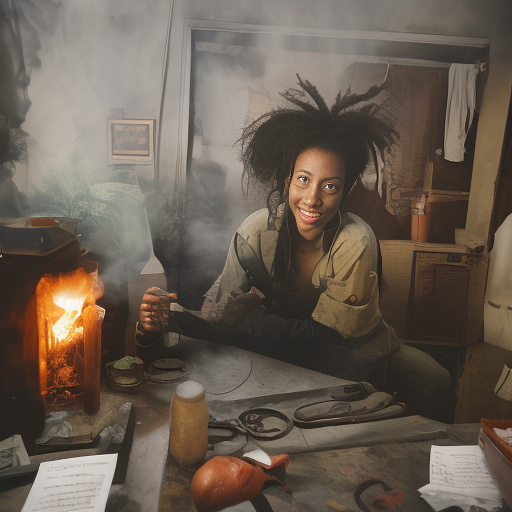 A black rastafarian is sitting on a worktable, smiling happily and smoking. the room is smoky. in custom style