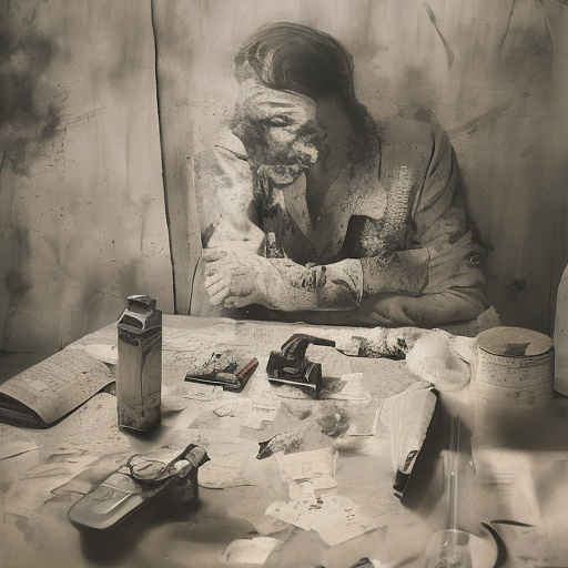 In a dark room, there is a telephone and a gun on the table. a man is sitting on a chair, and he is dead. in custom style