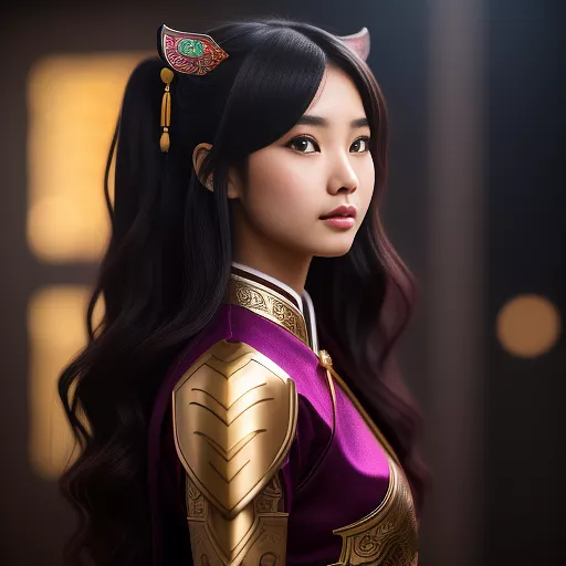 19 year old asian girl, short dark messy-wavy hair with red highlights, brown and red eyes, wearing a superhero suit colored black with purple and gold highlights/accents and ancient chinese armor with horse iconography. purple fire powers.  cute chinese face in anime style