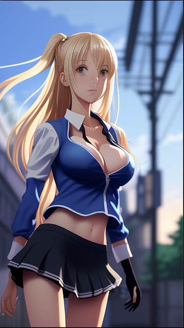 Hot e-girl, front facing, very large chest, very big breasts, tight shirt with a boob window, mini skirt, facing forward, thin face, skinny, ripped clothes, cleavage, looking forward, realistic, realistic face in anime style