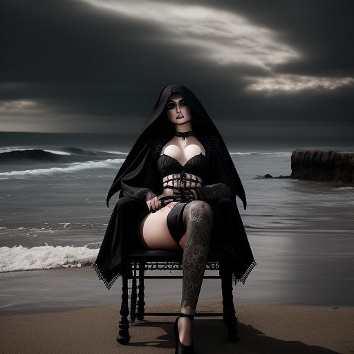 Iranian girl, 25 years old, black undercut hair, brown eyes, 175 cm tall, 66 kg, she's naked , she's in a beach,chest size 75, tattoo on her legs, the photo is full-length.sitina backwards on a chair,hre pussy is wet in gothic style
