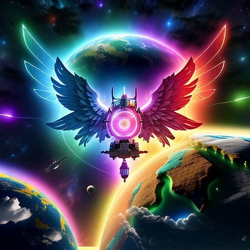 A cheerful transformer flies through space against the backdrop of planets. in angelcore style