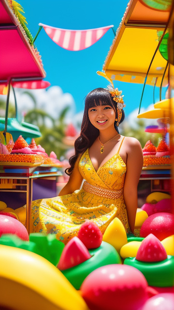 A young woman wearing a yellow traditional thai dress with a floral pattern sits on a boat. there is fruit on the boat. (banana, watermelon, pomelo) pie in the flea market, ue5,no wear anything,naked,big bust,big cleavage,big chest,bare,slender body,white skin,very realistic,full body and smile,bright background. in kids painted style