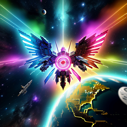 A cheerful transformer flies through space against the backdrop of planets. in angelcore style