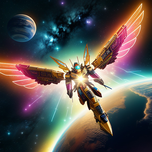A cheerful transformer flies through space against the backdrop of planets. in angelcore style