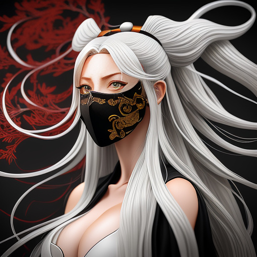 Hyperrealistic art, intricate detailed spray art, anime bleach style of the ichigos in hollow "vasto lorde mask" with 5 red stripes  in shades of grey & black, with golden ring above head, halo, long white hair,  vertical symmetry; ornate black features , line strokes weave a simple yet elegant design in anime style