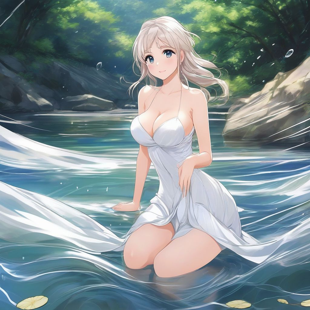 Hello, draw a picture of a very beautiful white woman with big white breasts, wearing a transparent dress, playing in the river.
 in anime style