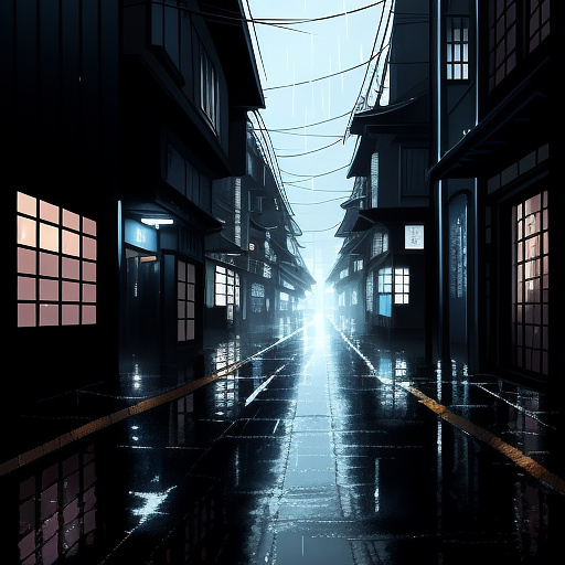 A cinematic dark album cover. a lonely bridge at night under heavy rain, illuminated by dim streetlights. rain falls heavily, forming ripples on the wet ground. mist and blurred neon lights glow faintly in the distance. the mood is melancholic, haunting, and dramatic. no people, no text, no objects — only the bridge, rain, and light. color palette: deep blue, gray, muted silver, with cinematic lighting.
 in anime style