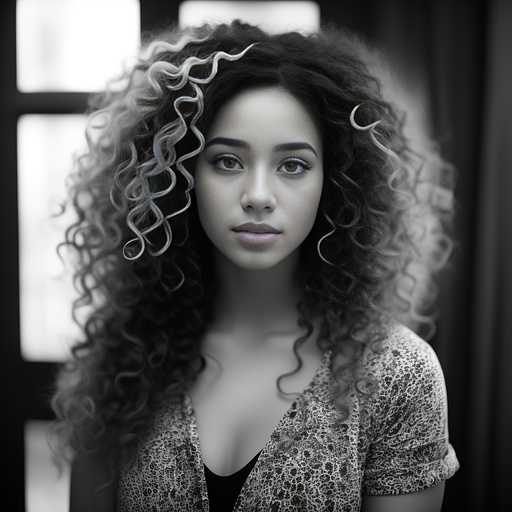 A pretty girl with vitiligo and curly hair in bw photo style